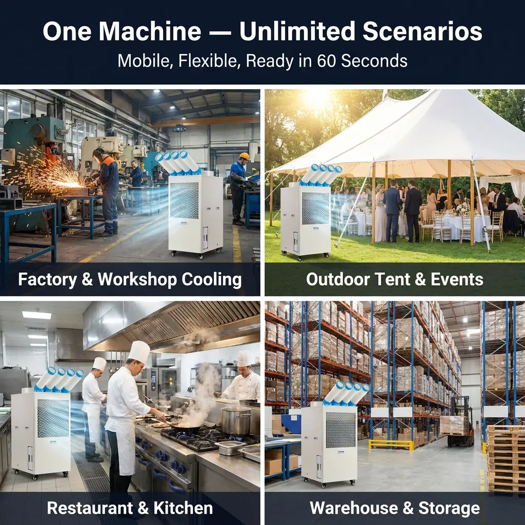 OEM-i kohandatud logoga tööstuslik kaasaskantav kliimaseade 110V 220V 380V mitmepinge madal MOQ tehase otsevarustus